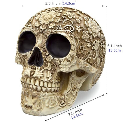 READAEER Life Size Skull Resin Floral Human Skull Model Adult Head Bone Model Day of The Dead Décor - style: Floral