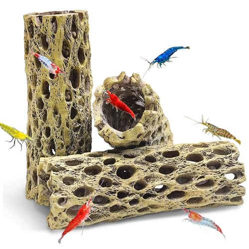 kathson Resin Cholla Wood Aquarium Shrimp Hideout Fake Fish Tank Hollow Log Hideawy Reptile Climbing Corner Branch Hermit Crab Terrarium Ornament Decoration (3 Packs)