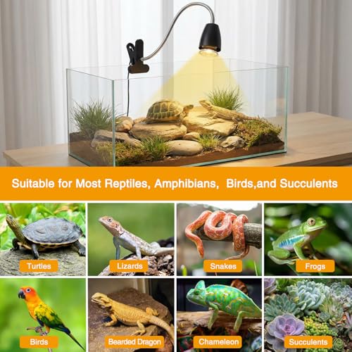 Reptile Heat Lamp with 2Pcs 50W UVA UVB Bulb, Turtle Heater Light with 360 Rotatable Basking Light with Clamp and Cycle Timer for Turtle Lizard Snake Amphibians