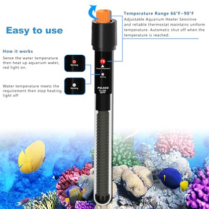 PULACO 300Watt Aquarium Heater for 50-70 Gallon Fish Tank, Adjustable Submersible Heater Thermostat with Thermometer Strip and Suction Cup