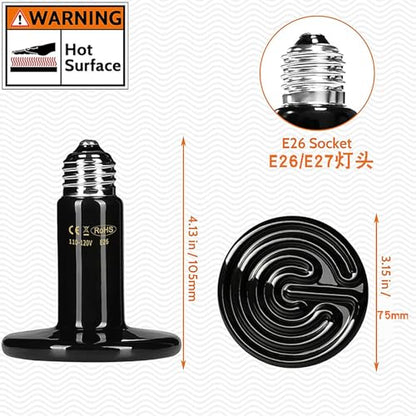 Sxminer 100W Ceramic Heat Emitter - Reptile Heat Bulbs with E26/E27 Base, 110V-130V, Infrared Heating Lamp for Reptiles, Chickens，Dogs, Cats & Small Pets - Safe,No-Light Heat Source (2-Pack Black)