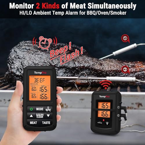 TempPro TP20 500FT Wireless Meat Thermometer with Dual Meat Probe, Digital Cooking Food Meat Thermometer Wireless for Smoker BBQ Grill Thermometer Beef Steak Turkey Thermometer (Previously ThermoPro) - color: Pitch-black