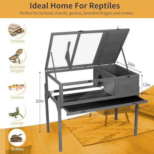 GEGURI Wooden Tortoise House, Indoor & Outdoor Reptile Habitat with Detachable Legs for Small Animals