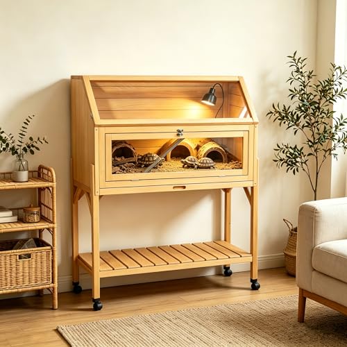 Tortoise Habitat Turtle Enclosure Wooden Tortoise House Indoor & Outdoor Tortoise Enclosure with Assemblable Legs Leakproof Tray Stand Legs for Gecko, Lizard, Snake (Wood3) - color: Wood3