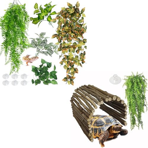 Hamiledyi 5 Pcs Reptile Plants Terrarium Hanging Fake Plant Leaves and Extra Large Tortoise Hide Reptile Hiding Cave Turtle Hut for Adult Bearded Dragon Snake Chameleon
