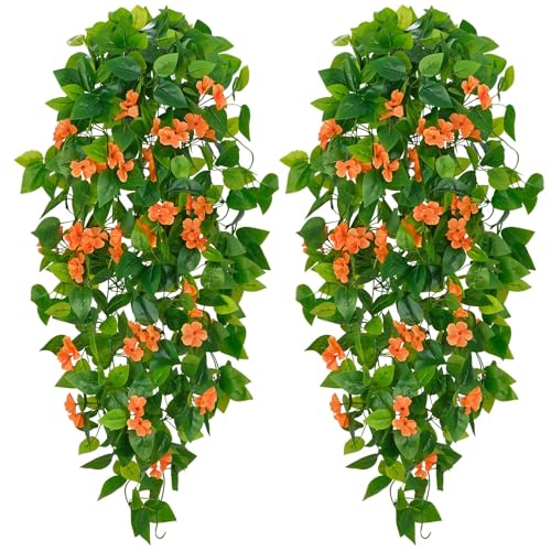 BLEUM CADE Artificial Hanging Flowers for Outdoors, 2pcs Fake Hanging Plants Pothos Vines with Orange Flowers for Wall Home Living Room Indoor Outdoor Fall Decor (No Baskets) - color: Vines With Flowers - Orange, size: 2pcs