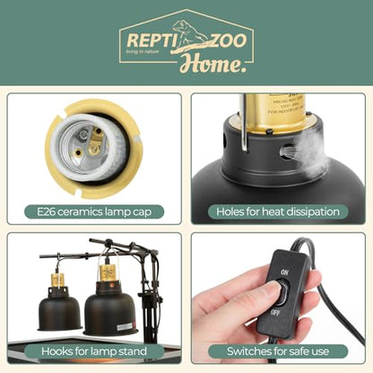 2 Pack Reptile Light Fixture, 5.5in Deep Dome Reptile Heat Lamp Fixture with Switch, Dual Terrarium UVB Basking Light Fixture for Bearded Dragon Snake, Suitable for E26 Bulbs Up to 100W - size: 5.5IN 100W