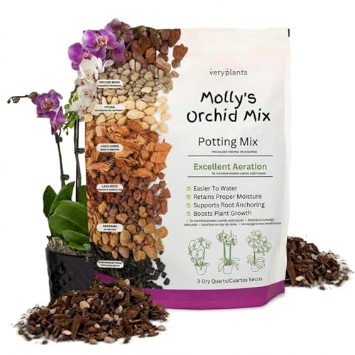 Molly's Orchid Potting Mix - Premium Gritty Soilless Orchid Mix - Chunky High Drainage vs Standard Potting Soil for Indoor Plants - Contains Bark, Coco Chips, Akadama, Pumice, Lava Rock 3 Dry Quarts - size: 3 Dry Quarts, style: Orchids