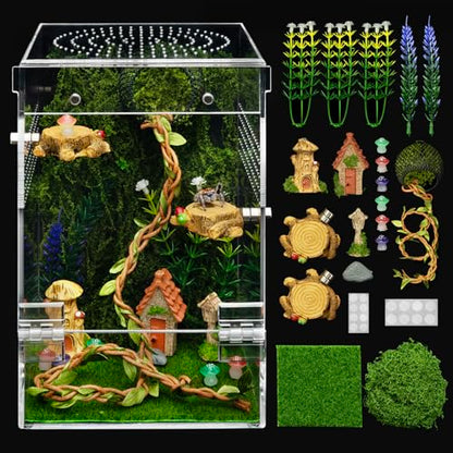 Jumping Spider Enclosure Starter Kit,Escape Proof Forest Terrarium | Praying Mantis Terrariums,Transparent Acrylic Complete Bug Habitat,All In One Arboreal Tarantula Cribs Cage,Insect Container - size: Large