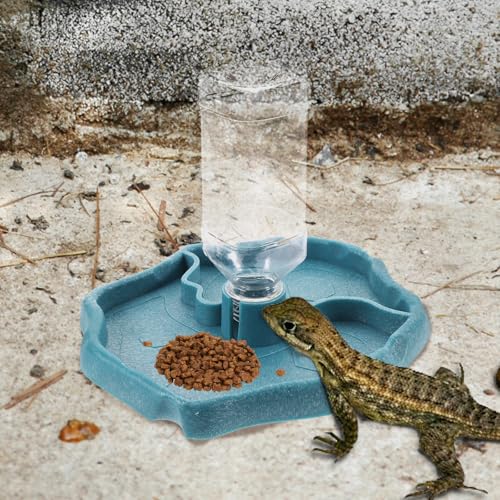 Mobestech Reptile Waterer and Food Dish Automatic Water Feeder with Reservoir Lake Blue for Tortoises Lizards and Amphibians Terrarium Use