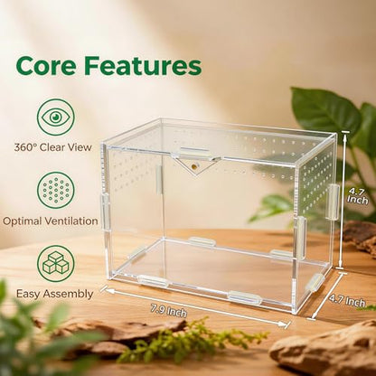 Portable Travel Jumping Spider Enclosure, Acrylic Terrarium for Spider, Magnetic Lock Spider Habitat & Small Terrarium Ventilated for Tarantula,Mantis,Frog,Insect Enclosure cage (7.9×4.7×4.7 Inch) - size: 7.9×4.7×4.7 Inch