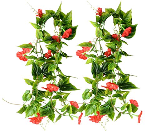 AirSun Artificial Morning Glory Flower Vines, 2pcs 15Feet Hanging Plants Silk Garland Fake Green Plant Home Garden Wall Fence Indoor Outdoor Wedding Birthday Decor - color: Red
