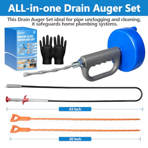 Drain Snake 5Set-33Ft Drain Clog Remover,62inch Heavy Duty Plumbing Snake,20inch Hair Clog Remover,Gloves for Bathtub,Toilet,Sewer,Kitchen Sink,Drainage Pipe(Blue) - style: 5SET Heavy Duty