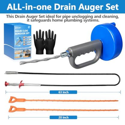Drain Snake 5Set-33Ft Drain Clog Remover,62inch Heavy Duty Plumbing Snake,20inch Hair Clog Remover,Gloves for Bathtub,Toilet,Sewer,Kitchen Sink,Drainage Pipe(Blue) - style: 5SET Heavy Duty