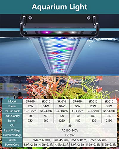 SEAOURA Led Aquarium Light for Plants-Full Spectrum Fish Tank Light with Timer Auto On/Off, 48-54 Inch, Adjustable Brightness, White Blue Red Green Pink LEDs with Extendable Brackets for Freshwater - size: for 48-54 inch tank