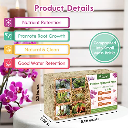 Riare 1.1 LBS Premium Sphagnum Moss- Natural Long Fibered Sphagnum Peat Moss Plants Moss Dried, Carnivorous Plants Moss Orchid Potting Mix for Orchids, Succulent, Reptiles (20QT) - size: 20QT/1.1lbs