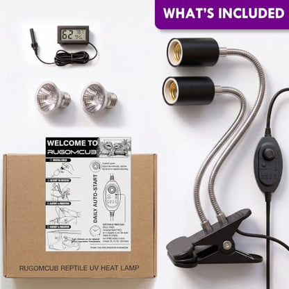 All-in-One Reptile Heat Lamp Bundle, Dual-Head UVB&UVA Lamp with Timer & Hygrothermograph, High UVA Lighting for Turtle, Tortoise, Bearded Dragon, Lizard, Snake, Amphibians, Easy to Install