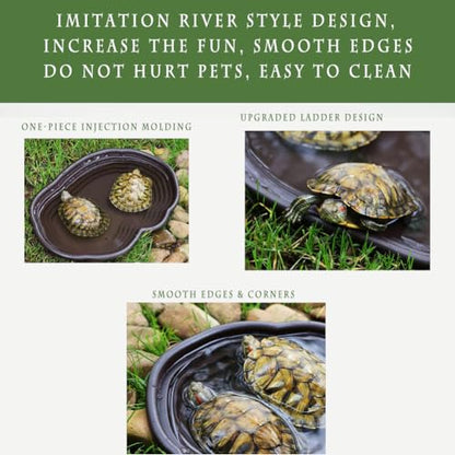 Reptile Bathing Pool with Steps - Ideal for Turtle, Salamander, Bearded Dragon, Lizard, Pixie Frog - Includes 2 Leaf-Shaped Feeding Dishes & Tweezers