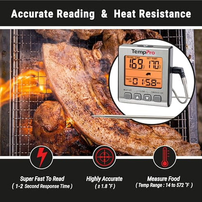 TempPro Digital Meat Thermometer for Cooking and Grilling, BBQ Food Thermometer with Backlight and Kitchen Timer, Grill Temperature Probe Thermometer for Smoker, Oven, Baking,Oil(Previously ThermoPro) - color: Light Silver