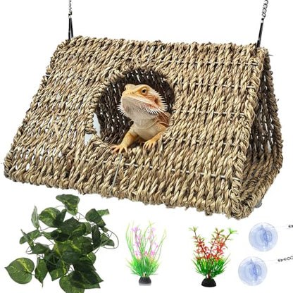 Reptile Hide Cave,Hanging Seagrass Fiber Bearded Dragon Hammock Swing Climbing Toys with Plants Decor,Gecko Hideout Hollow Cave Tank Accessories for Lizard Snake-Triangle L - size: Triangle L:9.84*7.09*5.91"