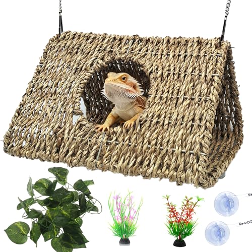 Reptile Hide Cave,Hanging Seagrass Fiber Bearded Dragon Hammock Swing Climbing Toys with Plants Decor,Gecko Hideout Hollow Cave Tank Accessories for Lizard Snake-Triangle L - size: Triangle L:9.84*7.09*5.91"