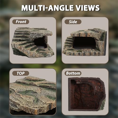 Extra Large Resin Reptile Cave Hideout, Rock-Style Basking Platform, Aquarium and Terrarium Decor, Ideal for Reptiles, Amphibians, and Fish
