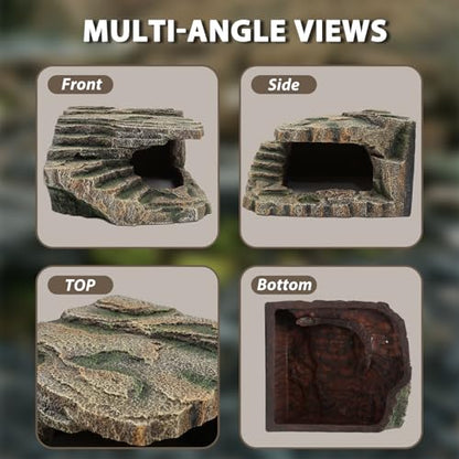 Extra Large Resin Reptile Cave Hideout, Rock-Style Basking Platform, Aquarium and Terrarium Decor, Ideal for Reptiles, Amphibians, and Fish