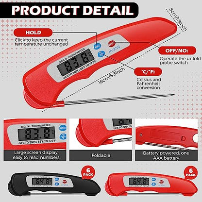 Xuhal 12 Pcs Digital Meat Thermometer with Probe Waterproof Instant Read Foldable Food Thermometer with Magnet for Kitchen Grilling Cooking Turkey Baking BBQ(Black, Red) - color: Black, Red