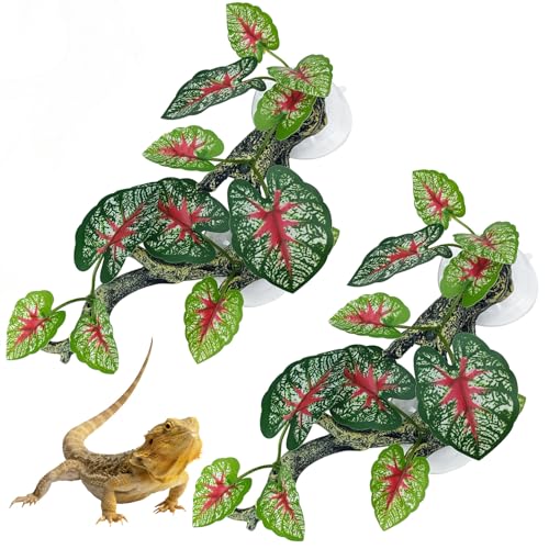 kathson 2 PCS Reptile Corner Branch Resin Snake Climbing Accessories with Leaves Terrarium Plant Decoration with Suction Cup Lizard Plant Ornament for Frog Bearded Dragon Gecko Spider Climbing - color: Green With Red