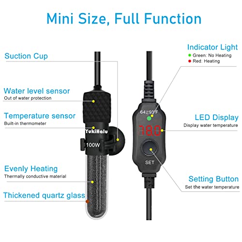 YukiHalu Submersible Aquarium Heater 100W 150W 200W, Adjustable Mini Fish Tank Heater, Small Size, Overheating Protection, External Controller, Used for 0.5-40 Gallons(150W) - size: 150 Watts