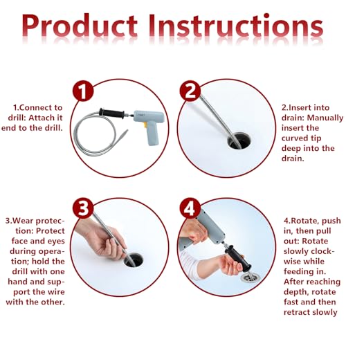 2 Pack 6.5 ft Drain Snake Drill Attachment Sink Hair Drain Clog Remover Attaches to Any Drill Stainless Steel Plumbing Snake Auger Flexible Hair Snakes Tool for Sink Bathtub Shower Bathroom Kitchen