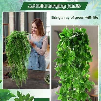 Daifunli 12 Pcs Artificial Hanging Plants Fake Hanging Ferns Plastic Faux Plants for Wall Room Garden Garland Indoor Outdoor Decor No Basket (Boston,Eucalyptus,Ivy Vine,String of Pearls) - style: Boston, Eucalyptus, Ivy Vine, String of Pearls