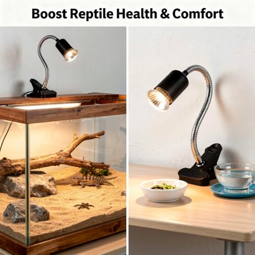 Black Reptile Heat Lamp with 13.8 in Flexible Gooseneck, Timed Dimming Switch, Sturdy Plastic Clip, US Connector, for Lizards, Turtles, Tortoises, Other Pet Reptiles