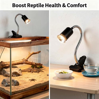 Black Reptile Heat Lamp with 13.8 in Flexible Gooseneck, Timed Dimming Switch, Sturdy Plastic Clip, US Connector, for Lizards, Turtles, Tortoises, Other Pet Reptiles
