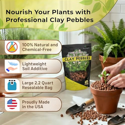 Professional Clay Pebbles for Plants 2.2 Quarts, Expanded Clay Pebbles for Hydroponics, Seedlings, Root Cuttings and Indoor Outdoor Plants, Lightweight Soil Additive, Made in USA - style: Clay Pebbles Soil Additive (2.2 Quarts)