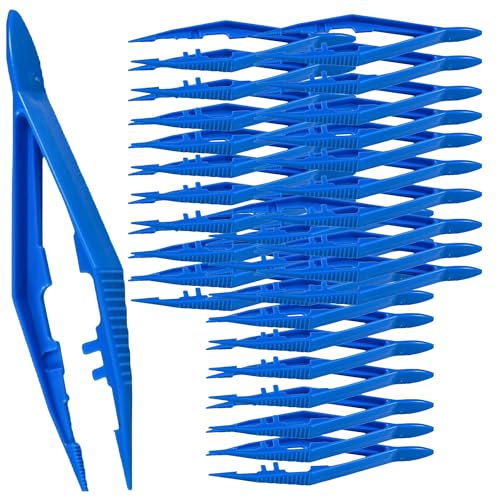 Vakly Disposable Plastic Forceps Tweezers Blue (30 Pack) – Serrated Tip Medical Tweezers with Finger Ridges & Narrow Points for First Aid, Lab, Crafts & School Science