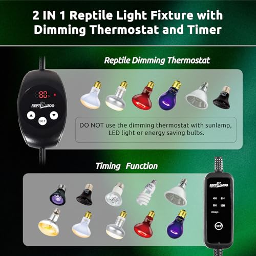 REPTI ZOO Dual Reptile Light Fixture with Dimming Thermostat and Timer & 75W Reptile Heat Lamp Bulb Day & Night Basking Spot Light Combo Pack