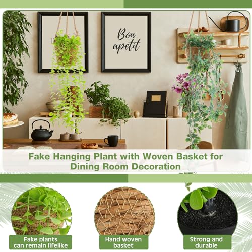 Giegxin Summer Mini Hanging Artificial Plant with Woven Basket Boho Fake Plants Ivy Faux Vines Eucalyptus Leaf for Indoor Home Wall Shelf Decor(6 Set,Green,Artificial Hanging Plants) - size: Standard Hanging