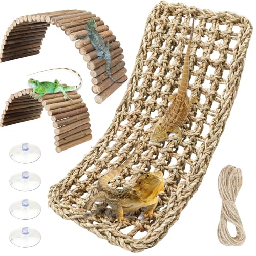 QUOZUO Bearded Dragon Tank Accessories, 3pack Reptile Habitat Hammock Natural Seagrass and Natural Wood Bendable Bridge for Climbing, Hermit Crab, Lizard, Mice, Spiders, Turtle, Snake