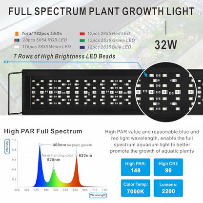 Advanced 7-Row LED Aquarium Light, Easy Setup Controller, Auto On Off Full Spectrum Fish Tank Light, 24/7 Lighting Cycle, 8 Colors, 10 Level Dimming, 32W for 24"-30" Freshwater Planted Tank - size: 24-30 inches