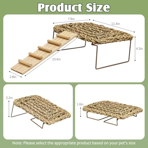Fhiny Bearded Dragon Lounger with Wooden Ladder, Reptile Bed with Metal Legs Seagrass Hammock for Reptile, Tank Accessories Decor for Lizards Leopard Gecko Snake Hermit Crab Frog