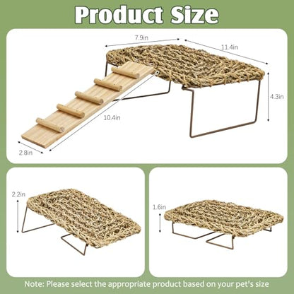 Fhiny Bearded Dragon Lounger with Wooden Ladder, Reptile Bed with Metal Legs Seagrass Hammock for Reptile, Tank Accessories Decor for Lizards Leopard Gecko Snake Hermit Crab Frog