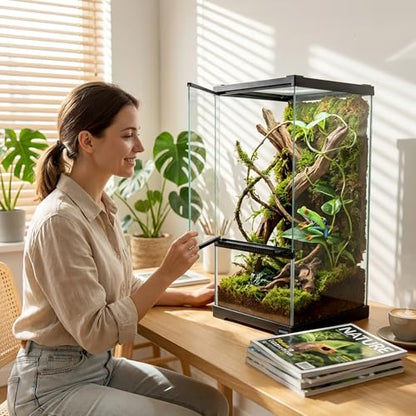 Tall Reptile Glass Tank 8"x8"x18" Pre-Assembled Vertical Small Reptile Terrarium for Arboreal Geckos,Chameleon,Lizard,Tree Frog and Snake with Top and Front Openning Door