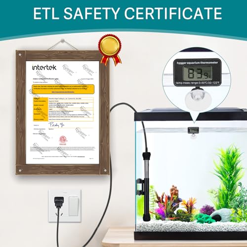 hygger ETL Certification Aquarium Heater, 50W/100W/200W/300W Submersible Fish Tank Thermostat Heater with Firm Double Pair Suction Cups for Coral Saltwater and Freshwater Tank with Thermometer (200W) - size: 200W