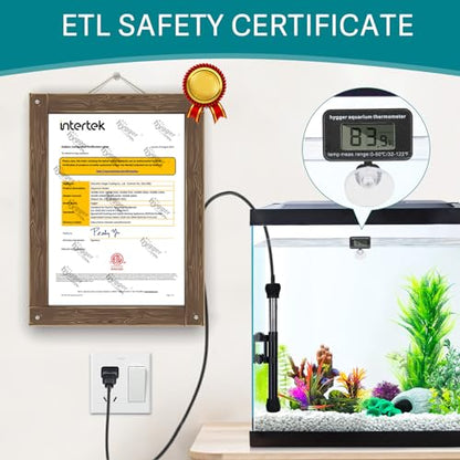 hygger ETL Certification Aquarium Heater, 50W/100W/200W/300W Submersible Fish Tank Thermostat Heater with Firm Double Pair Suction Cups for Coral Saltwater and Freshwater Tank with Thermometer (200W) - size: 200W