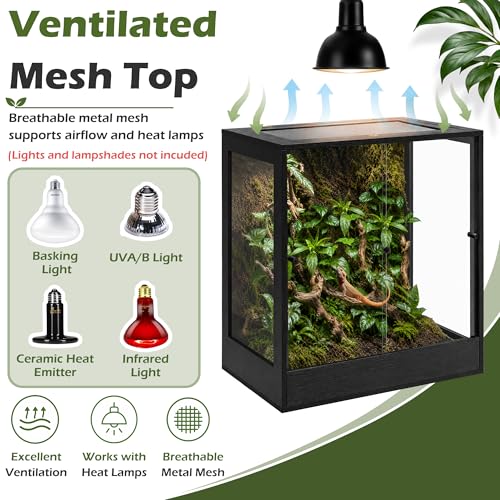 PROLEE 32" x 18" x 36" Tall Reptile Terrarium, 90 Gallon Glass Chameleon Cage, Vertical Crested Gecko Tank with Ventilated Mesh Top, Front Opening Rainforest Habitat, Black - color: Black, size: 32" L x 18" W x 36" H, 90 Gallon