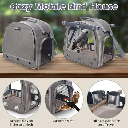 Bird Carrier Parrot Travel Cage with Perch, Food Bowl, Tray and Breathable Clear Window, Bird Travel Bag for African Gray Cockatiel Caique Conure Quaker, for Vetting Camping Hiking (Gray) - color: Gray