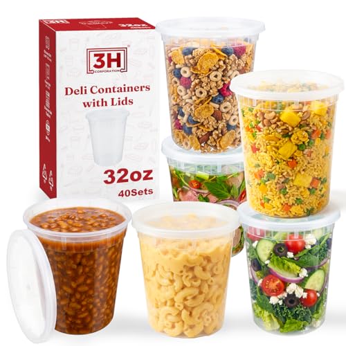 32oz Deli Containers with Lids (40 Sets/80 Pcs) Quart Plastic Containers with lids, BPA-Free Microwave Freezer Safe Bowl, Leakproof Food Prep Containers for Leftover Food Storage &To-Go - size: 32 oz - 40 Sets