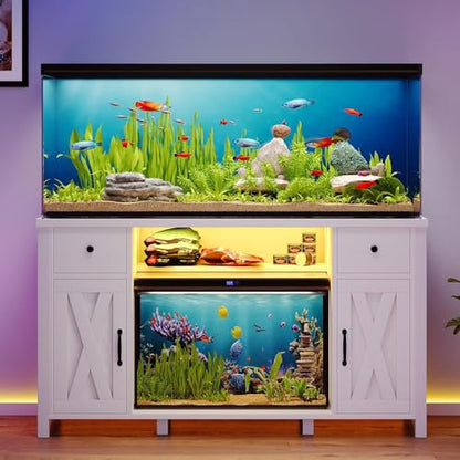55-75 Gallon Fish Tank Stand with Power Outlet & LED Lights, 55 Gallon Aquarium Stand with Storage Drawers & Barn Doors, Heavy Duty Reptile Tank Cabinet for Turtle, Reptile Terrarium, White - color: White