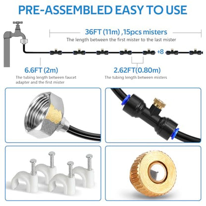 HOMENOTE Misting Cooling System, 42FT(13M) Pre-Assembled Kit with 15 Brass Nozzles & 3/4" Brass Adapter, Cooling Mister for Patio, Backyard, Pets, Garden & Greenhouse - size: 42FT / 13M